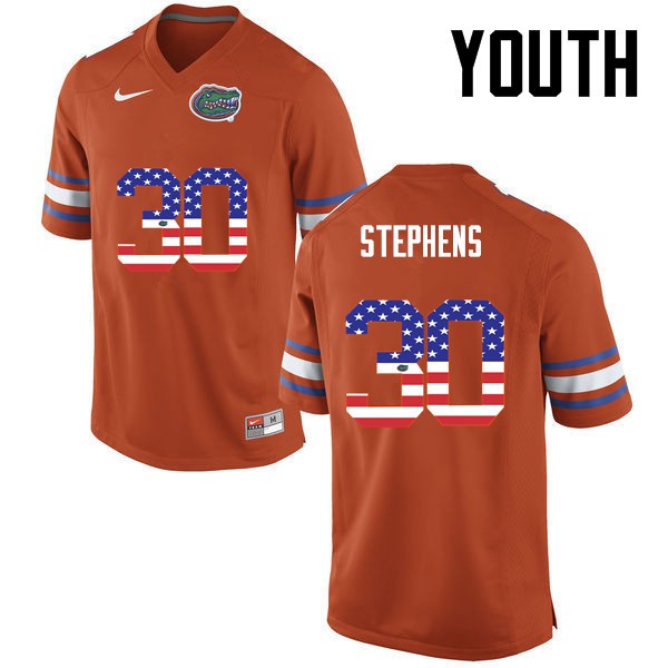 Florida Gators Youth #30 Garrett Stephens College Football Jersey USA Flag Fashion Orange